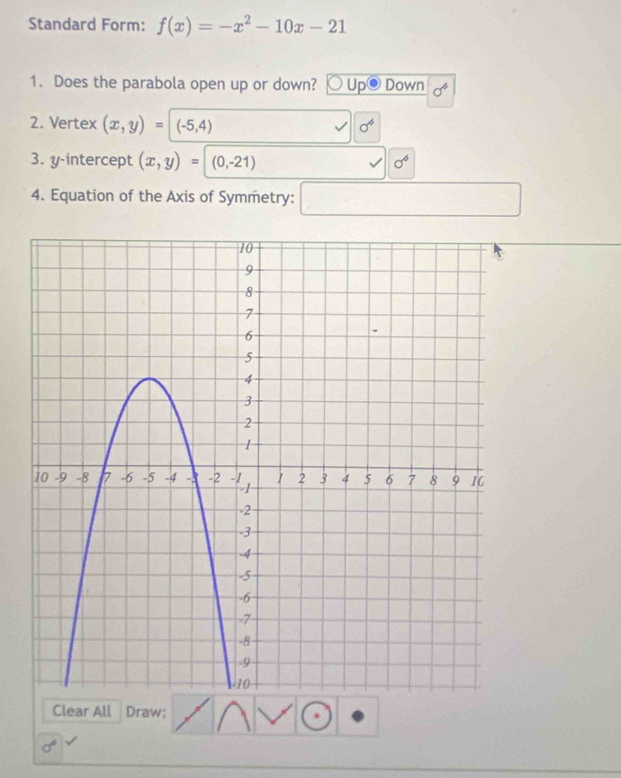 Standard Form: f(x)=-x^2-10x-21
1. Does the parabola open up or down? Up® Down sigma^6
2. Vertex (x,y)=(-5,4) sigma^6
3. y-intercept (x,y)=(0,-21) sigma^6
4. Equation of the Axis of Symmetry: □ 
Clear All Draw:
sigma^6