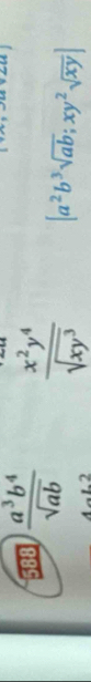 588  a^3b^4/sqrt(ab)   x^2y^4/sqrt(xy^3)  [a^2b^3sqrt(ab);xy^2sqrt(xy)]