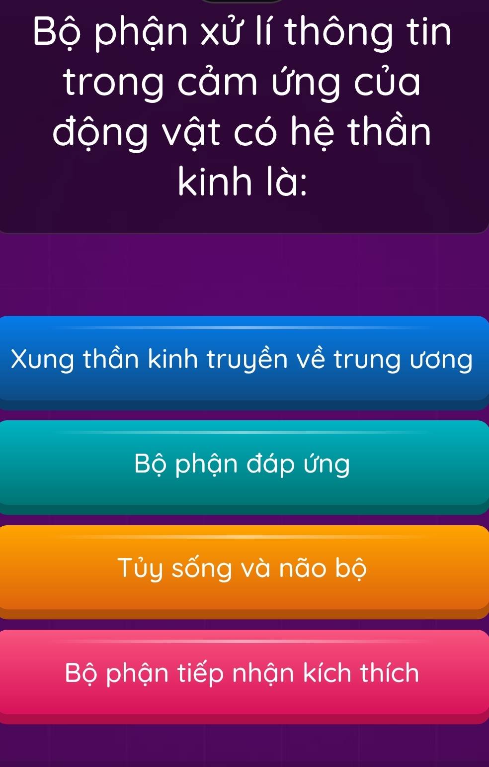 Bộ phận xử lí thông tin
trong cảm ứng của
động vật có hệ thần
kinh là:
Xung thần kinh truyền về trung ương
Bộ phận đáp ứng
Tủy sống và não bộ
Bộ phận tiếp nhận kích thích