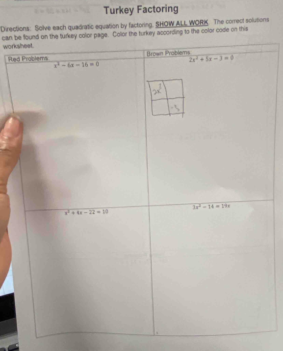 Turkey Factoring
Directions: Solve each quadratic equation by factoring, SHOW ALL WORK. The correct solutions
can b turkey according to the color code on this
work
Re