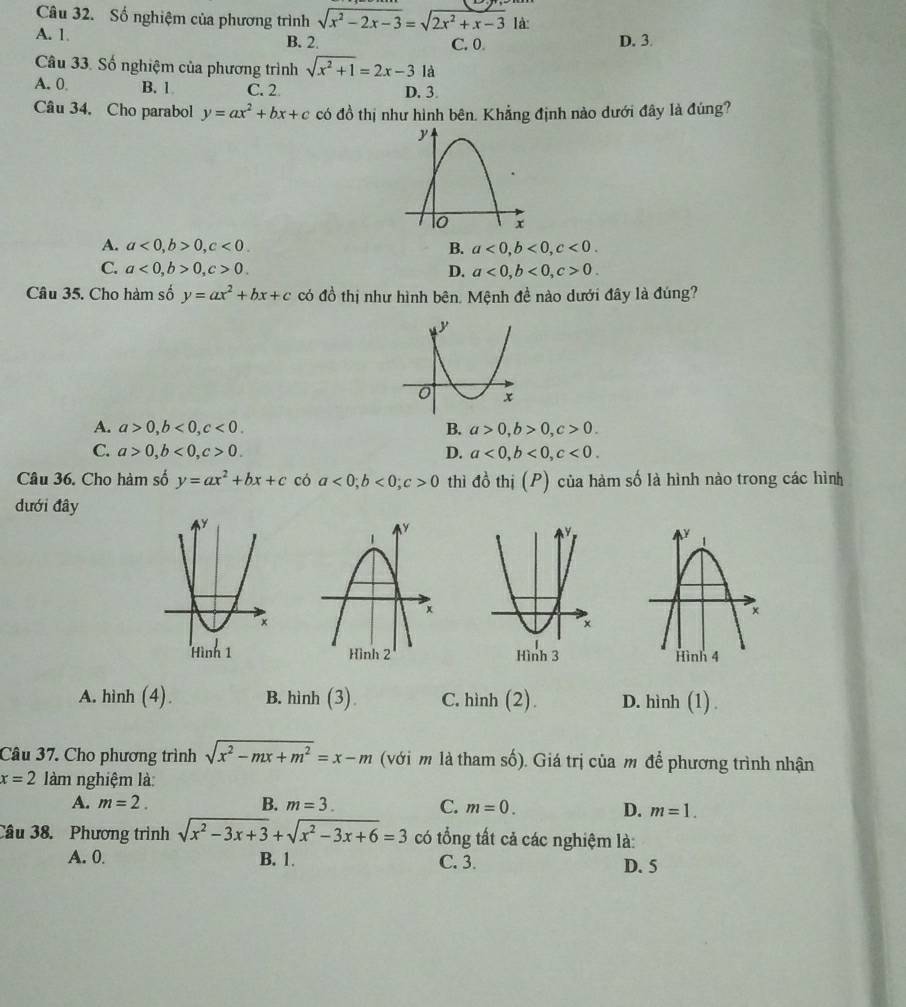 Số nghiệm của phương trình sqrt(x^2-2x-3)=sqrt(2x^2+x-3) là
A. 1. B. 2. C. 0 D. 3.
Câu 33. Số nghiệm của phương trình sqrt(x^2+1)=2x-31a
A. 0 B. 1 C. 2 D. 3.
Câu 34. Cho parabol y=ax^2+bx+c có đồ thị như hình bên. Khẳng định nào dưới đây là đúng?
A. a<0,b>0,c<0. B. a<0,b<0,c<0.
C. a<0,b>0,c>0. D. a<0,b<0,c>0.
Câu 35. Cho hàm số y=ax^2+bx+c có đồ thị như hình bên. Mệnh đề nào dưới đây là đúng?
A. a>0,b<0,c<0. B. a>0,b>0,c>0.
C. a>0,b<0,c>0. D. a<0,b<0,c<0.
Câu 36. Cho hàm số y=ax^2+bx+c có a<0;b<0;c>0 thì đồ thị (P) của hàm số là hình nào trong các hình
đưới đây

A. hinh (4). B. hình (3) C. hình (2). D. hình (1) .
Câu 37. Cho phương trình sqrt(x^2-mx+m^2)=x-m (với m là tham số). Giá trị của m để phương trình nhận
x=2 làm nghiệm là:
A. m=2. B. m=3. C. m=0. D. m=1.
Câu 38. Phương trình sqrt(x^2-3x+3)+sqrt(x^2-3x+6)=3 có tổng tất cả các nghiệm là:
A. 0. B. 1. C. 3. D. 5