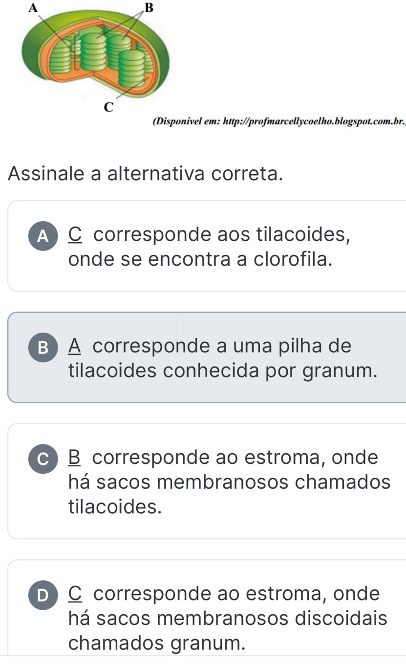 A
B
ível em: http://profmarcellycoelho.blogspot.com.br.)
Assinale a alternativa correta.
A) C corresponde aos tilacoides,
onde se encontra a clorofila.
B ) A corresponde a uma pilha de
tilacoides conhecida por granum.
c B corresponde ao estroma, onde
há sacos membranosos chamados
tilacoides.
D C corresponde ao estroma, onde
há sacos membranosos discoidais
chamados granum.