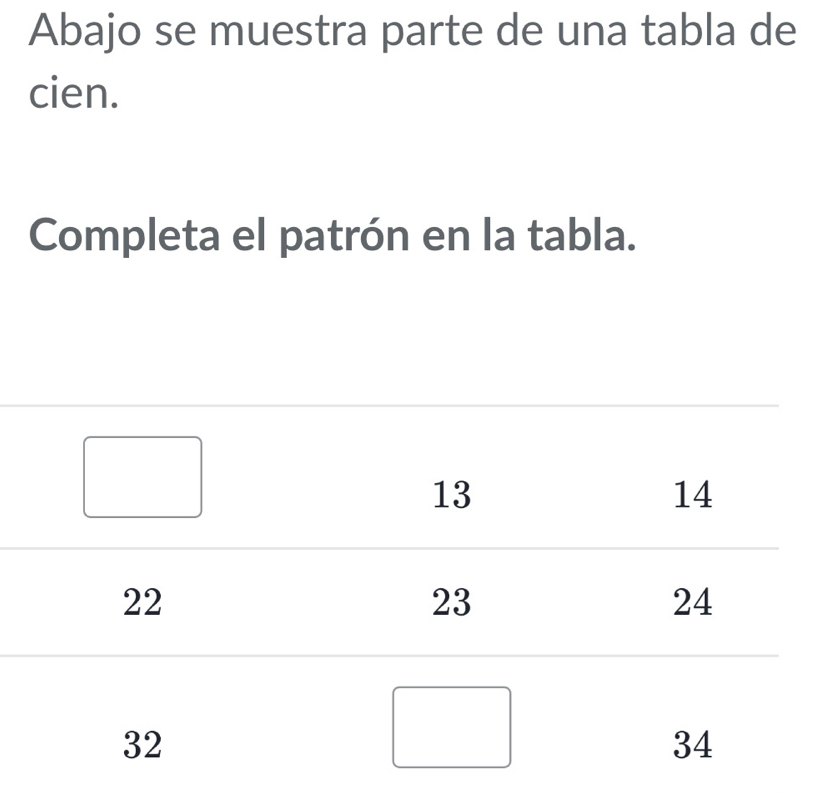 Abajo se muestra parte de una tabla de
cien.
Completa el patrón en la tabla.