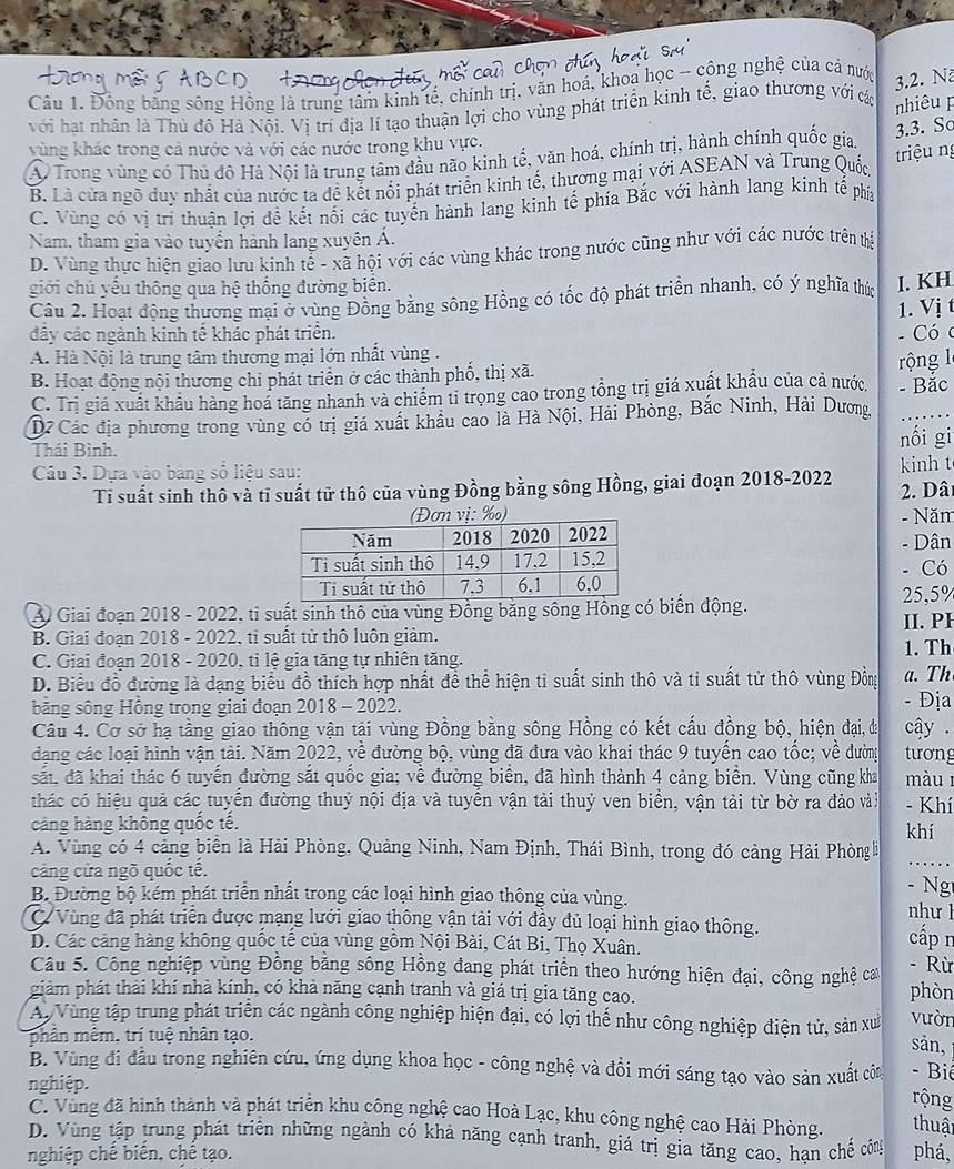 Cầu 1. Động bằng sông Hồng là trung tâm kinh tế, chính trị, văn hoá, khoa học - công nghệ của cả nướ
3.2. Nà
với hạt nhân là Thủ đô Hà Nội. Vị trí địa lí tạo thuận lợi cho vùng phát triển kinh tế, giao thương với cá nhiêu p
vùng khác trong cả nước và với các nước trong khu vực.
A. Trong vùng có Thủ đô Hà Nội là trung tâm đầu não kinh tế, văn hoá, chính trị, hành chính quốc gia 3.3. So
B. Là cửa ngô duy nhất của nước ta đề kết nổi phát triển kinh tế, thương mại với ASEAN và Trung Quốc triệu ng
C. Vùng có vi trí thuân lợi để kết nối các tuyển hành lang kinh tể phía Bắc với hành lang kinh tế phíá
Nam, tham gia vào tuyến hành lang xuyên Á.
D. Vùng thực hiện giao lưu kinh tễ - xã hội với các vùng khác trong nước cũng như với các nước trên tị
giới chủ yếu thông qua hệ thống đường biển.
Câu 2. Hoạt động thương mại ở vùng Đồng bằng sông Hồng có tốc độ phát triển nhanh, có ý nghĩa thức I. KH
đây các ngành kinh tế khác phát triển. - Có c 1. Vị t
A. Hà Nội là trung tâm thương mại lớn nhất vùng .
B. Hoạt động nội thương chi phát triển ở các thành phố, thị xã.
C. Trị giá xuất khẩu hàng hoá tăng nhanh và chiếm tỉ trọng cao trong tổng trị giá xuất khẩu của cả nước, rộng 1 - Bắc
D2 Các địa phương trong vùng có trị giá xuất khẩu cao là Hà Nội, Hải Phòng, Bắc Ninh, Hải Dương,
Thái Bình. nối gi
Câu 3. Dưa vào bảng số liệu sau:  inht
Tỉ suất sinh thô và tĩ suất tử thô của vùng Đồng bằng sông Hồng, giai đoạn 2018-2022 2. Dâi
- Năm
- Dân
- Có
Al Giai đoạn 2018 - 2022, tỉ suất sinh thô của vùng Đồng bằng sông Hồng có biển động. 25,5% II. PH
B. Giai đoạn 2018 - 2022, tỉ suất từ thô luôn giảm.
C. Giai đoạn 2018 - 2020, tỉ lệ gia tăng tự nhiên tăng. 1. Th
D. Biểu đồ đường là dạng biểu đồ thích hợp nhất để thể hiện ti suất sinh thô và ti suất tử thô vùng Đồng a.  Th
bằng sông Hồng trong giai đoạn 2018 - 2022.
- Địa
Câu 4. Cơ sở hạ tầng giao thông vận tại vùng Đồng bằng sông Hồng có kết cấu đồng bộ, hiện đại, đa cậy .
đạng các loại hình vận tải. Năm 2022, về đường bộ, vùng đã đưa vào khai thác 9 tuyển cao tốc; về đường tương
sắt, đã khai thác 6 tuyển đường sắt quốc gia; về đường biển, đã hình thành 4 cảng biển. Vùng cũng kha màu
thác có hiệu quả các tuyển đường thuỷ nội địa và tuyển vận tải thuỷ ven biển, vận tải từ bờ ra đảo vài - Khí
cảng hàng không quốc tế. khí
A. Vùng có 4 cảng biển là Hải Phòng, Quảng Ninh, Nam Định, Thái Bình, trong đó cảng Hải Phòng là
cảng cửa ngõ quốc tế.
B. Đường bộ kém phát triển nhất trong các loại hình giao thông của vùng. như l - Ng
C Vùng đã phát triển được mạng lưới giao thông vận tài với đầy đủ loại hình giao thông.
D. Các cảng hàng không quốc tế của vùng gồm Nội Bài, Cát Bi, Thọ Xuân. cấp n
Câu 5. Công nghiệp vùng Đồng bằng sông Hồng đang phát triển theo hướng hiện đại, công nghệ ca - Rừ
giảm phát thải khí nhà kính, có khả năng cạnh tranh và giá trị gia tăng cao. phòn
Ay Vùng tập trung phát triển các ngành công nghiệp hiện đại, có lợi thế như công nghiệp điện tử, sản xưà vườn
phân mêm, trí tuệ nhân tạo. sản,  - Biể
B. Vùng đi đầu trong nghiên cứu, ứng dụng khoa học - công nghệ và đổi mới sáng tạo vào sản xuất cô rộng
nghiệp.
C. Vùng đã hình thành và phát triển khu công nghệ cao Hoà Lạc, khu công nghệ cao Hải Phòng. thuật
D. Vùng tập trung phát triển những ngành có khả năng cạnh tranh, giá trị gia tăng cao, hạn chế công phá,
nghiệp chế biển, chế tạo.