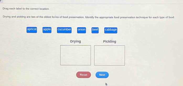 Drag each label to the correct location.
Drying and pickling are two of the oldest forms of food preservation. Identify the appropriate food preservation technique for each type of food.
aprico apple cucumber onion beet cabbage
Reset Next