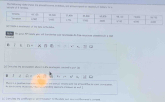The Kollowing table shows the annual income, in dollars, and amount spent on vacation, in dollars, for a 
eample of à familes 
ata in the table 
Note On your AP Exam, you will handwrite your responses to free-response questions in a test 
booklet 
B I U V x^4 x_4 · 
(b) Describe the association shown in the scafterplot created in part (a). 
B I U
x° x_1 _ □  
There is a positive association bect on the annual income and the amount that is spent on vacation 
As the income increases, vacation spending seems to increase as well 
(c) Calculate the coefficient of determination for the data, and interpret the value in context