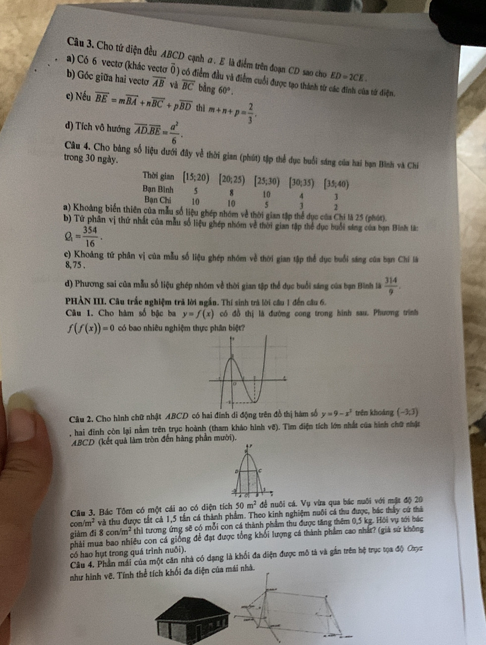 Cho tứ diện đều ABCD cạnh a . E là điểm trên đoạn CD sao cho ED=2CE.
a) Có 6 vectơ (khác vectơ Ô) có điểm đầu và điểm cuối được tạo thánh từ các đinh của tứ điện.
b) Góc giữa hai vectơ overline AB và overline BC bằng 60°.
c) Nếu vector BE=mvector BA+nvector BC+pvector BD thì m+n+p= 2/3 .
d) Tích vô hướng overline AD.overline BE= a^2/6 .
Câu 4. Cho bảng số liệu dưới đây về thời gian (phút) tập thể dục buổi sáng của hai bạn Bình và Chi
trong 30 ngày.
Thời gian [15;20) [20;25) [25;30)[30;35)[35;40)
Bạn Bình 5 8 10
Bạn Chi 10 10 5
a) Khoảng biến thiên của mẫu số liệu ghép nhóm về thời gian tập thể dục của Chi là 25 (phút).
b) Tứ phân vị thứ nhất của mẫu số liệu ghép nhóm về thời gian tập thể dục buổi sáng của bạn Bình lá:
Q_1= 354/16 .
c) Khoảng tứ phân vị của mẫu số liệu ghép nhóm về thời gian tập thể dục buổi sáng của bạn Chi là
8, 75 .
d) Phương sai của mẫu số liệu ghép nhóm về thời gian tập thể dục buổi sáng của bạn Bình lã  314/9 .
PHẢN III. Câu trắc nghiệm trã lời ngắn. Thí sinh trả lời câu 1 đến câu 6.
Câu 1. Cho hàm số bậc ba y=f(x) có đồ thị là đường cong trong hình sau. Phương trình
f(f(x))=0 có bao nhiêu nghiệm thực phân biệt?
Câu 2. Cho hình chữ nhật ABCD có hai đinh di động trên đồ thị hàm số y=9-x^2 trên khoảng (-3,3)
, hai đỉnh còn lại nằm trên trục hoành (tham khảo hình vẽ). Tìm diện tích lớn nhất của hình chữ nhật
ABCD (kết quả làm tròn đến hàng phần mười).

D C
4 0
Câu 3. Bác Tôm có một cái ao có diện tích 50m^2 để nuôi cá. Vụ vừa qua bác nuôi với mật độ 20
con /m^2 và thu được tất cả 1,5 tấn cá thành phẩm. Theo kinh nghiệm nuôi cá thu được, bác thảy cứ thả
giàm đi 8con/m^2 thì tương ứng sẽ có mỗi con cá thành phẩm thu được tăng thêm 0,5 kg. Hỏi vụ tới bác
phải mua bao nhiêu con cá giống để đạt được tổng khối lượng cá thành phẩm cao nhất? (giả sứ không
có hao hụt trong quá trình nuôi).
Câu 4. Phần mái của một căn nhà có dạng là khối đa diện được mô tả và gắn trên hệ trục tọa độ Oxyz
như hình vẽ. Tính thể tích khối đa diện của mái nhà.