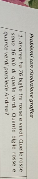 Problemi con risoluzione grafica 
1. Andrea ha 76 biglie tra rosse e verdi. Quelle rosse 
sono 16 più di quelle verdi. Quante biglie rosse e 
quante verdi possiede Andrea?