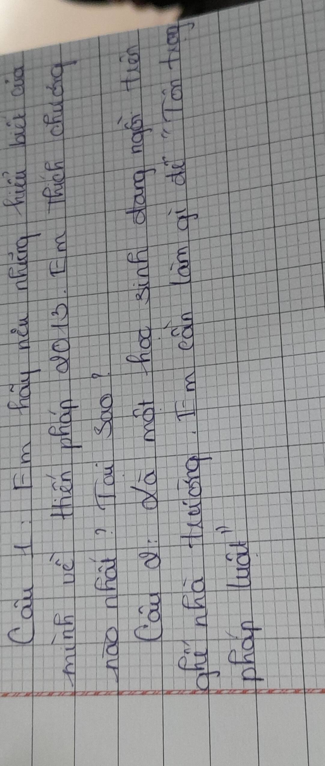 Cau l Fm hau nèu niuing huù bù aio 
minh vè thén phán 20 13. Em TuCh chuáng 
nào nhai? fou Sao? 
Cau d dā mi hág sinō dōng ngái thèn 
ghì nhā luaǒng Im eán lán gì di Tán tīng 
phan luáu