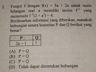 Fungsi f dengan f(x)=5a+2x untuk suatu
bilangan real a memiliki invers f^(-1) yang
memenuhi f^(-1)(2+a^2)=4.
Berdasarkan informasi yang diberikan, manakah
hubungan antara kuantitas P dan Q berikut yang
benar?
(A) P>Q
(B) P
(C) P=Q
(D) Tidak dapat ditentukan hubungan