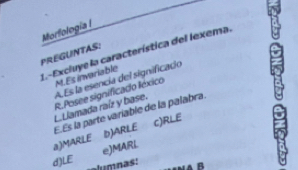 Morfología I
1.-Excluye la característica del lexema.
PREGUNTAS:
R.Posee significado léxico M.Es invariable
L. Liamada raíz y base. A,Es la esencia del significació
E.Es la parte varíable de la palabra.
a)MARLE b)ARLE c)RLE
e)MARL
d)LE alumnas: