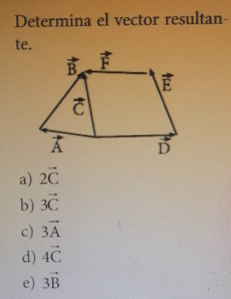 Determina el vector resultan-
te.
a) 2vector C
b) vector 3C
c) 3vector A
d) 4vector C
e) 3vector B