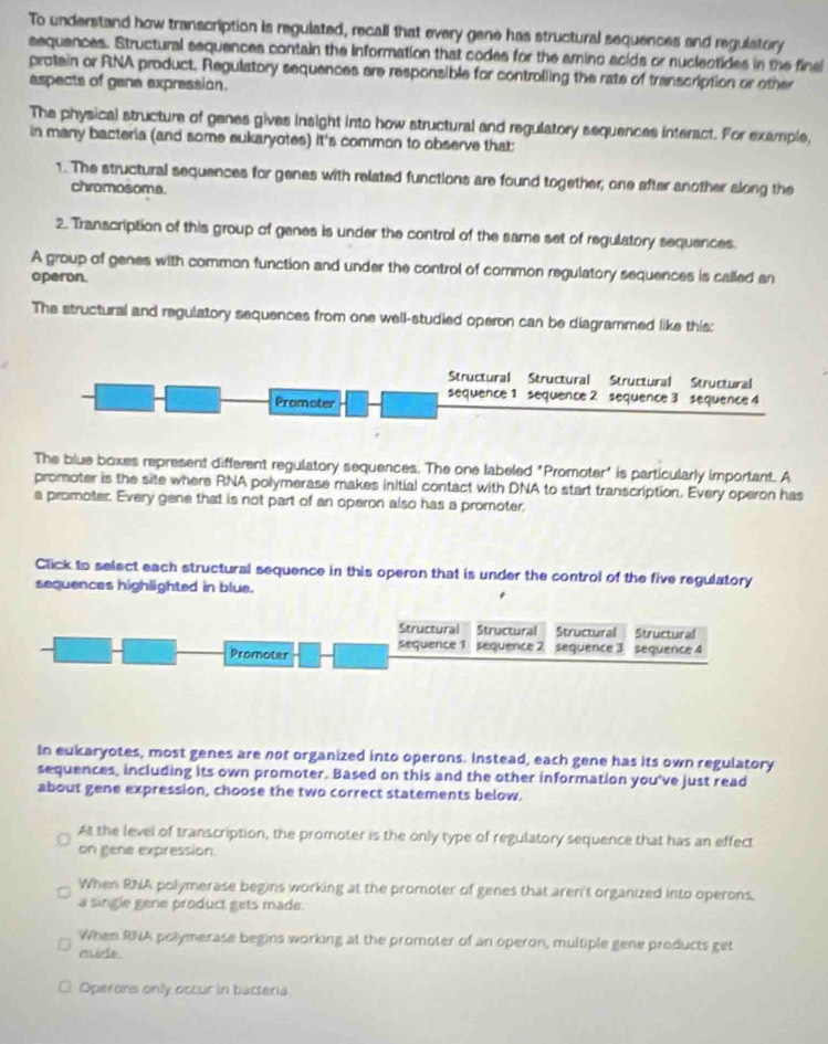 To understand how transcription is regulated, recall that every gene has structural sequences and regulatory 
sequences. Structural sequences contain the information that codes for the amino acids or nuclectides in the final 
protein or RNA product. Regulatory sequences are responsible for controlling the rate of transcription or other 
aspects of gane expression. 
The physical structure of genes gives insight into how structural and regulatory sequences interact. For example, 
in many bacteria (and some eukaryotes) it's common to observe that: 
1. The structural sequences for genes with related functions are found together; one after another along the 
chromosome. 
2. Transcription of this group of genes is under the control of the same set of regulatory sequences. 
A group of genes with common function and under the control of common regulatory sequences is called an 
operon. 
The structural and regulatory sequences from one well-studied operon can be diagrammed like this: 
Structural Structural Structural Structural 
Promoter sequence 1 sequence 2 sequence 3 sequence 4 
The blue boxes represent different regulatory sequences. The one labeled "Promoter" is particularly important. A 
promoter is the site where RNA polymerase makes initial contact with DNA to start transcription. Every operon has 
a promoter. Every gene that is not part of an operon also has a promoter, 
Click to select each structural sequence in this operon that is under the control of the five regulatory 
sequences highlighted in blue. 
Structural Structural Structural Structural 
Promoter sequence 1 sequence 2 sequence 3 sequence 4
In eukaryotes, most genes are not organized into operons. Instead, each gene has its own regulatory 
sequences, including its own promoter. Based on this and the other information you've just read 
about gene expression, choose the two correct statements below. 
At the level of transcription, the promoter is the only type of regulatory sequence that has an effect 
on gene expression. 
When RNA polymerase begins working at the promoter of genes that aren't organized into operons. 
a single gene product gets made. 
When RNA polymerase begins working at the promoter of an operon, multiple gene products get 
marie. 
Operons only occur in bacteria