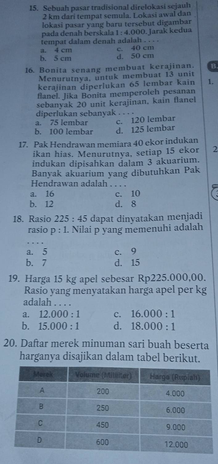 Sebuah pasar tradisional direlokasi sejauh
2 km dari tempat semula. Lokasi awal dan
lokasi pasar yang baru tersebut digambar
pada denah berskala 1:4.000. Jarak kedua
tempat dalam denah adalah . . . .
a. 4 cm c. 40 cm
b. 5 cm d. 50 cm
16. Bonita senang membuat kerajinan. B.
Menurutnya, untuk membuat 13 unit
kerajinan diperlukan 65 lembar kain 1.
flanel. Jika Bonita memperoleh pesanan
sebanyak 20 unit kerajinan, kain flanel
diperlukan sebanyak . . . .
a. 75 lembar c. 120 lembar
b. 100 lembar d. 125 lembar
17. Pak Hendrawan memiara 40 ekor indukan
ikan hias. Menurutnya, setiap 15 ekor 2
indukan dipisahkan dalam 3 akuarium.
Banyak akuarium yang dibutuhkan Pak
Hendrawan adalah . . . .
a. 16 c. 10

b. 12 d. 8
18. Rasio 225:45 dapat dinyatakan menjadi
rasio p:1 Nilai p yang memenuhi adalah
a. 5 c. 9
b. 7 d. 15
19. Harga 15 kg apel sebesar Rp225.000,00.
Rasio yang menyatakan harga apel per kg
adalah . . . .
a. 12.000:1 C. 16.000:1
b. 15.000:1 d. 18.000:1
20. Daftar merek minuman sari buah beserta
harganya disajikan dalam tabel berikut.