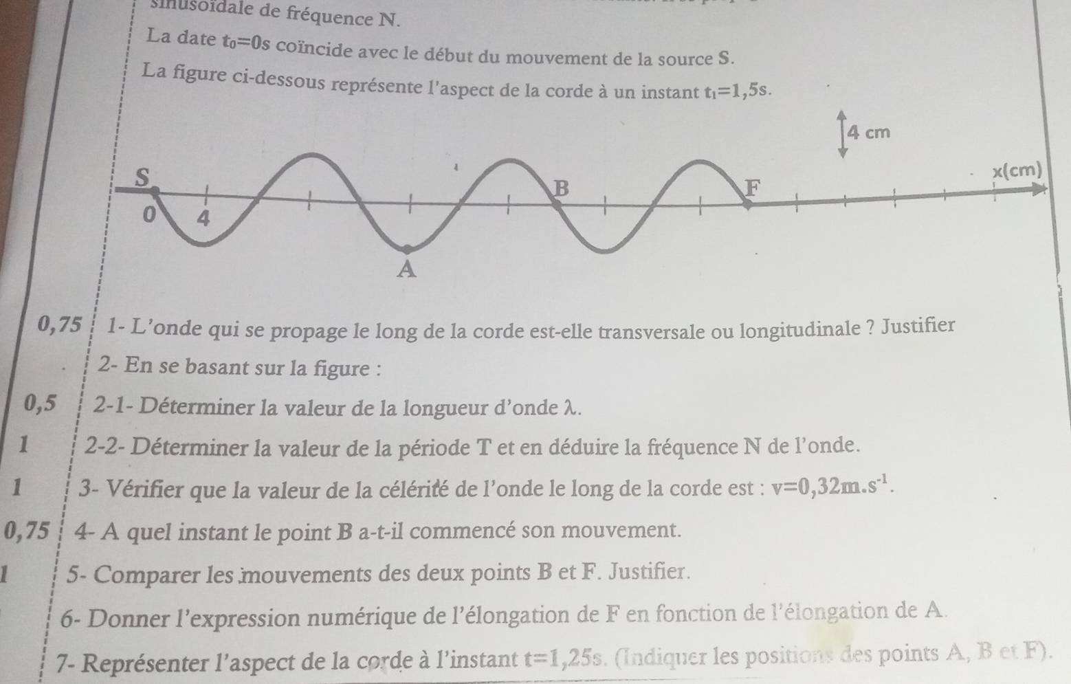 sinusoïdale de fréquence N.
La date t_0=0s coïncide avec le début du mouvement de la source S.
La figure ci-dessous représente l’aspect de la corde à un instant t_1=1,5s.
0,75 1- L’onde qui se propage le long de la corde est-elle transversale ou longitudinale ? Justifier
2- En se basant sur la figure :
0,5 2-1- Déterminer la valeur de la longueur d’onde λ.
1 2-2- Déterminer la valeur de la période T et en déduire la fréquence N de l’onde.
1 3- Vérifier que la valeur de la célérité de l'onde le long de la corde est : v=0,32m.s^(-1).
0,75 4- A quel instant le point B a-t-il commencé son mouvement.
I 5- Comparer les mouvements des deux points B et F. Justifier.
6- Donner l'expression numérique de l'élongation de F en fonction de l'élongation de A.
7- Représenter l’aspect de la corde à l'instant t=1,25s. (Indiquer les positions des points A, B et F).