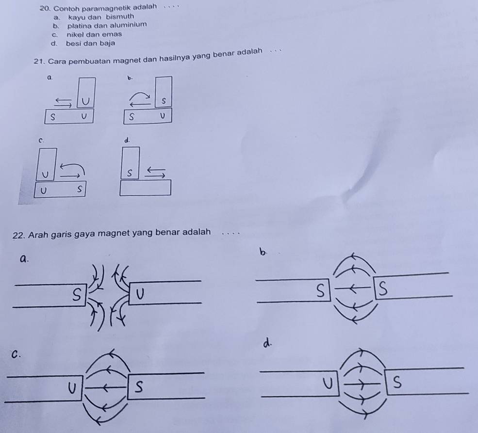 Contoh paramagnetik adalah .
a. kayu dan bismuth
b. platina dan aluminium
c. nikel dan emas
d. besi dan baja
21. Cara pembuatan magnet dan hasilnya yang benar adalah . . .
b.
S
S υ
C.
d.
S
U s
22. Arah garis gaya magnet yang benar adalah 、