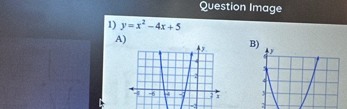 Question Image 
1) y=x^2-4x+5
A) 
B)
-2
2