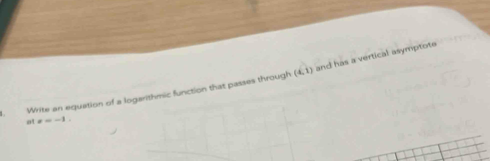 (4,1) and has a vertical asymptote 
1 . Write an equation of a logarithmic function that passes through 
at x=-1.