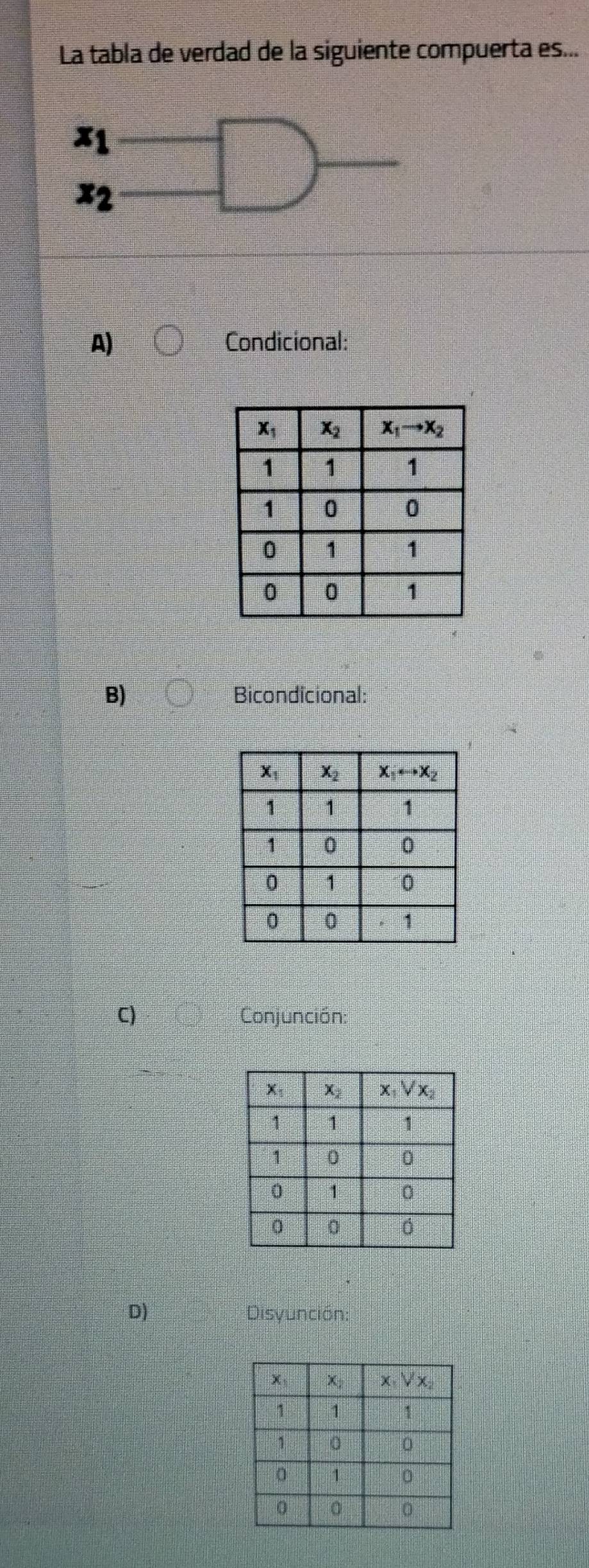 La tabla de verdad de la siguiente compuerta es...
A) Condicional:
B) Bicondicional:
C) Conjunción:
D) Disyunción: