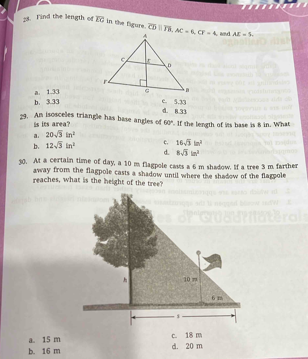 Find the length of overline EG in the figure. overline CD||overline FB, AC=6, CF=4 ,and AE=5.
a. 1.33
b. 3.33 c. 5.33
d. 8.33
29. An isosceles triangle has base angles of 60°. If the length of its base is 8 in. What
is its area?
a. 20sqrt(3)in^2
b. 12sqrt(3)in^2 c. 16sqrt(3)in^2
d. 8sqrt(3)in^2
30. At a certain time of day, a 10 m flagpole casts a 6 m shadow. If a tree 3 m farther
away from the flagpole casts a shadow until where the shadow of the flagpole
reaches, what is the height of the tree?
a. 15 m c. 18 m
d. 20 m
b. 16 m