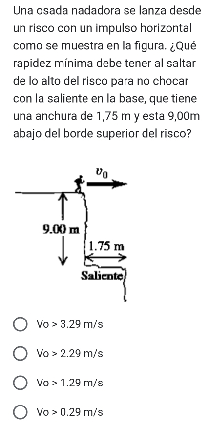 Una osada nadadora se lanza desde
un risco con un impulso horizontal
como se muestra en la figura. ¿Qué
rapidez mínima debe tener al saltar
de lo alto del risco para no chocar
con la saliente en la base, que tiene
una anchura de 1,75 m y esta 9,00m
abajo del borde superior del risco?
Vo>3.29m/s
Vo>2.29m/s
Vo 1.29m/s
Vo>0.29m/s