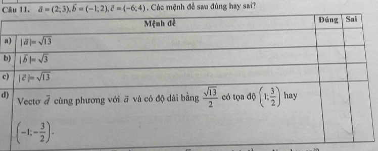 vector a=(2;3),vector b=(-1;2),vector c=(-6;4). Các mệnh đề sau đúng hay sai?
a
b
c
d