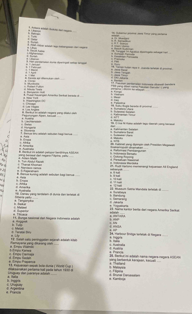 Ankara adalah ibukota darl negara
a. Libanon 14. Gubernur provinsi Jawa Timur yang pertama
c. Turki b. Bahrain ndalah .
b. R. Samadikun a. Dr. Moedjani
d. Qatar e. Suriah e. R.T. Soeryo
2. Aliah Akbar adalah lagu kebangsaan dari negara e. Basof Sudirman d. Imam Utomo
a. Libya
15. Tanggal 14 Agustus diperingata sebagal hari ....
c Afghanistan b. Saudi Aabia b. Kesaktian Pancasila a. Sumpah Pemuda
e. Libanon d. Suriah
Bromuka
a. 1 Januar e Gury
3. Hari perdamaian dunia diperingati setlap tanggal 16. Taman hutan raya Ir. Juanda terletak di provinsi..
É :Cabruan
a. Jawa Barat b. Jawa Tengah
e. 1 Mei d. 1 April
4. Kereta api dilemukan oleh a e. Banten
a. Civrac b. Murdocks
17. Pasukan perdamaian Indonesia dibawah bendera
PBB yang diberi nama Pasukan Garuda I ( yang
d. Nikola Tesla c. Robert Fulton pertama ) dikirim ke wilayah .....
e. Benyamin Holt
a. Kongo
5. Pusat Keuangan Amerika Serikat berada di ... b. Vietnam c. Mesir
b. Washington DC a. New York
e. Palestina d. Iraq
d. Las Vegas c. Chicago 18. Suku Bugis berada di provinsi
e. Los Angles a. Sumatera Utara
6. Berikut ini adalah negara yang dilalui oleh b. Sulawesi Selatan
Pegunungan Alpen, kecuali ....... c. Kalimantan Timur
a. Austria d. NTT e. Maluku
c. Swiss b. Liechtenstein
19. O Ina Ni Keke adalah lagu daerah yang berasal
d. Hungaria dari a. Kalimantan Selatan
e. Slovenia
7. Benua biru adalah sebutan bagi benua c. Sulawesi Utara b. Sumatera Bara
a. Asia
d. Maluku
e. NTB
D. b. Eropa c. Afrika 20. Kabinet yang dipimpin oleh Presiden Megawati
e. Australia
Soekamoputri dinamakan .....
E d. Amerika a. Reformasi Pembangunan
8. Berikut ini adalah pelopor berdirinya ASEAN b. Indonesia Bersatu
A. Rp yang berasal dari negara Filipina, yaitu_ c. Gotong Royong d. Persatuan Nasional
a. Adam Malik
Rp
b. Tun Abdul Razak e. Indonesia Merdeka
Rp 6 c. Thanat Khoman 21. Rudi Hartono memenangi kejuaraan All England
d. Narcisco ramos
20 e. S.Rajaratnam a. 8 kali sebanyak_
85.(
9. Benua kuning adalah sebutan bagi benua ......
a. Asia b. 9 kali
ni b b. Eropa c. 10 kali
pat c. Afrika d. 11 kali e. 12 kali
d. Amerika
ta e. Australia a. Surabaya 22. Museum Satria Mandala terletak di ........
10. Danau yang terdalam di dunia dan terletak di b. Bandung
, Siberia yaitu ....... c. Semarang
a. Tanganyika d. Jakarta
b. Baikal e. Yogyakarta
c. Malawi 23. Nama kantor berita dari negara Amerika Serikat
d. Superior
e. Titicaca adalah ...
11. Bunga nasional dari Negara Indonesia adalah a ANTARA
a. Anggrek b. ANP c. AN
b. Tulip d. ANSA
c. Melati e. AP
d. Teratai Biru 24. Harbour Bridge terletak di Negara ..
e. Lily
a. Inggris
12. Salah satu peninggalan sejarah adalah kitab b. Italia
Ramayana yang dikarang oleh ...... c. Australia
a. Empu Walmiki d. Austria
b.Empu Kanwa e. Prancis
c. Empu Darmaja 25. Berikut ini adalah nama negara-negara ASEAN
d. Empu Sedah yang berbentuk kerajaan, kecuali .....
e. Empu Prapanca a. Thailand
13. Kejuaraan sepak bola dunia ( World Cup ) b. Malaysia
dilaksanakan pertama kali pada tahun 1930 di c. Filipina
Uruguay dan juaranya adalah_ d. Brunai Darussalam
a. Italia e. Kamboja
b. Inggris
c. Uruguay
d. Argentina
e. Prancis