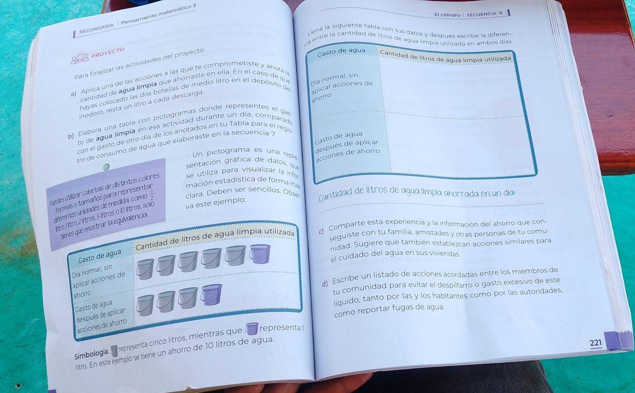 El cilindro   SECUENCIA B
SECUNDARIA | Pensamiento matemático 3
Liena la siguiente tabla con tus datos y después escribe la diferen
ca entre la cantidad de litros de agua limpia utilizada en ambos días
proyecto
Para finalizar las actividades del proyecto
Gasto de agua Cantidad de litros de agua limpia utilizada
a) Aplica una de las acciones a las que te comprometiste y anota la
cantidad de agua limpia que ahorraste en ella. En el caso de que Dia normal, sin
hayas colocado las dos botellas de medio litro en el depósito de
aplicar acciones de
ahorro
inodoro, resta un litro a cada descarga
b) Elabora una tabía con pictogramas donde representes el gas
to de agua limpia en esa actividad durante un día, comparado
Gasto de agua
con el gasto de otro día de los anotados en tu Tabla para el regis
después de aplicar
tro de consumo de agua que elaboraste en la secuencia 7
Un pictograma es una repre
sentación gráfica de datos, que
Puedes utilizar cubetas de distíntos colores se utiliza para visualizar la infor acciones de ahorro
Cantidad de litros de agua límpia ahorrada en un dia
formas o tamaños para representar mación estadística de forma más
diferentes unidades de medida, como  1/2  clara. Deben ser sencillos. Obse_
tra, 1 liítro, 2 lítros, 5 lítros o 10 lítros, solo va este ejemplo:
tilenes que mostrar la equivalencia
Cantidad de litros de agua límpia utilizada d Comparte esta experiencia y la información del ahorro que con-
seguiste con tu familia, amistades y otras personas de tu comu-
nidad. Sugiere que también establezcan acciones similares para
el cuidado del agua en sus viviendas.
Gasto de agua
Día normal, sin
d) Escribe un listado de acciones acordadas entre los miembros de
aplicar acciones de
ahorro
tu comunidad para evitar el despilfarro o gasto excesivo de este
Gasto de agua
líquido, tanto por las y los habitantes como por las autoridades,
después de aplicar
como reportar fugas de agua
acciones de ahorro
Simbología: E representa cinco litros, mientras que representa 1
litro. En este ejemplo se tiene un ahorro de 10 litros de agua.
221