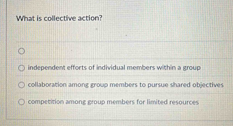 What is collective action?
independent efforts of individual members within a group
collaboration among group members to pursue shared objectives
competition among group members for limited resources