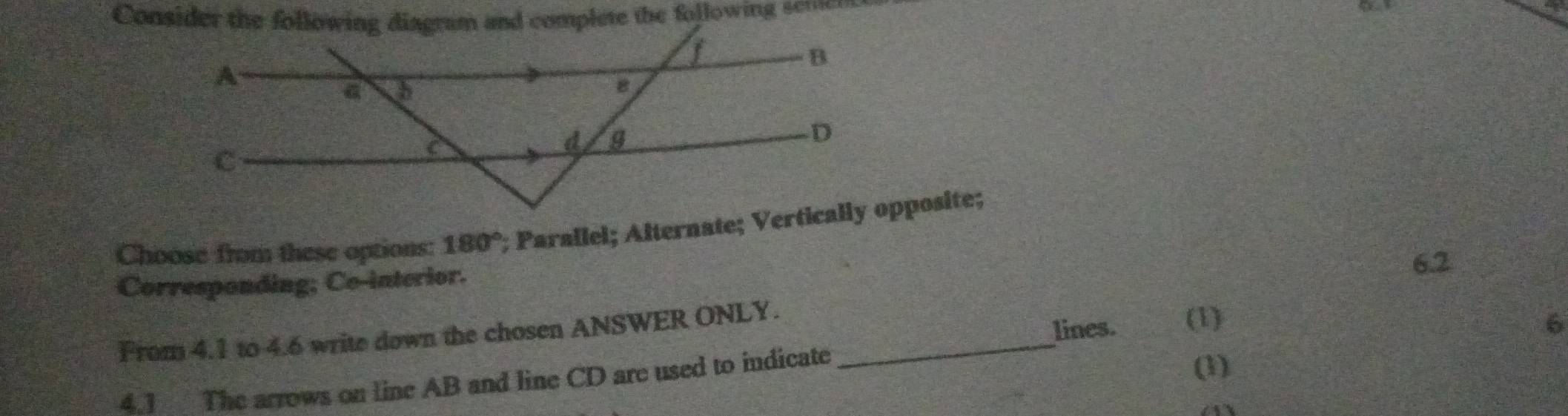 Consider the following diagram and complete the following seme 
Choose from these options: 180°
6.2
Corresponding; Co-interior. 
From 4.1 to 4.6 write down the chosen ANSWER ONLY._ 
lines. (1) 6 
4.1 The arrows on line AB and line CD are used to indicate 
(1)