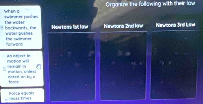 Organize the following with their law 
When a 
swimmer pushes 
the water 
: backwards, the Newtons 1st law Newtons 2nd law Newtons 3rd Law 
water pushes 
the swimmer 
forward 
An object in 
motion will 
remain in 
motion, unless 
acted on by a 
force 
Force equals 
mass times