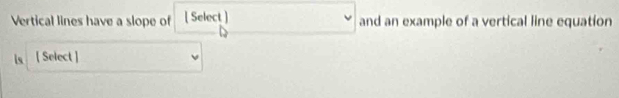 Vertical lines have a slope of [ Select ] and an example of a vertical line equation 
ls [ Select ]