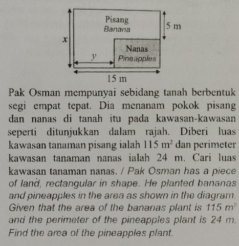 Pak Osman mempunyai sebidang tanah berbentuk 
segi empat tepat. Dia menanam pokok pisang 
dan nanas di tanah itu pada kawasan-kawasan 
seperti ditunjukkan dalam rajah. Diberi luas 
kawasan tanaman pisang ialah 115m^2 dan perimeter 
kawasan tanaman nanas ialah 24 m. Cari luas 
kawasan tanaman nanas. / Pak Osman has a piece 
of land, rectangular in shape. He planted bananas 
and pineapples in the area as shown in the diagram. 
Given that the area of the bananas plant is 115m^2
and the perimeter of the pineapples plant is 24 m. 
Find the area of the pineapples plant.