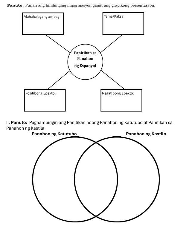 Panuto: Punan ang hinihinging impormasyon gamit ang grapikong presentasyon. 
II. Panuto: Paghambingin ang Panitikan noong Panahon ng Katutubo at Panitikan sa 
Panahon ng Kastila