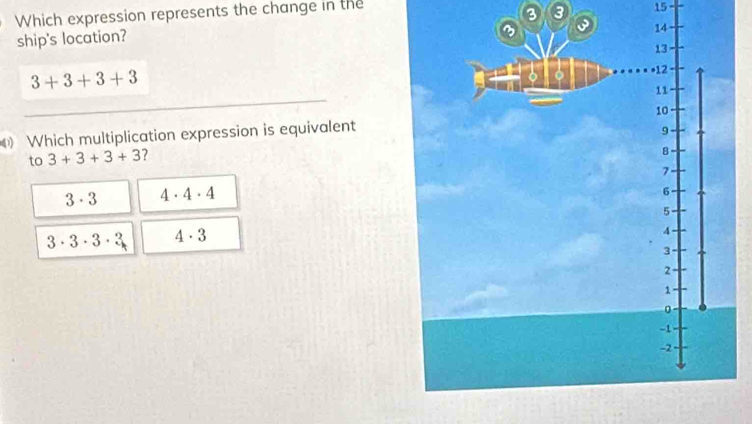 Which expression represents the change in the
3 15
ship's location?
3+3+3+3
Which multiplication expression is equivalent
to 3+3+3+3 7
3· 3 4· 4· 4
3· 3· 3· 3 4· 3