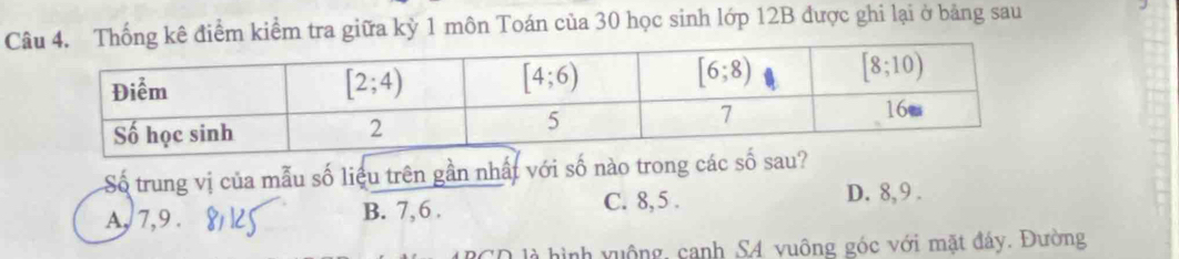 Ckê điểm kiểm tra giữa kỳ 1 môn Toán của 30 học sinh lớp 12B được ghi lại ở bảng sau
Số trung vị của mẫu số liệu trên gần nhất với số nào trong
A, 7,9 . B. 7, 6 . C. 8, 5 .
D. 8, 9 .
SCD là hình vuộng, canh SA vuông góc với mặt đáy. Đường