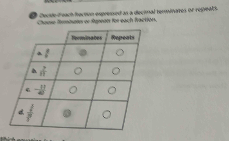 Decide If each fraction expressed as a decimal terminates or repeats.
Choose Terminates or Repeats for each fraction.