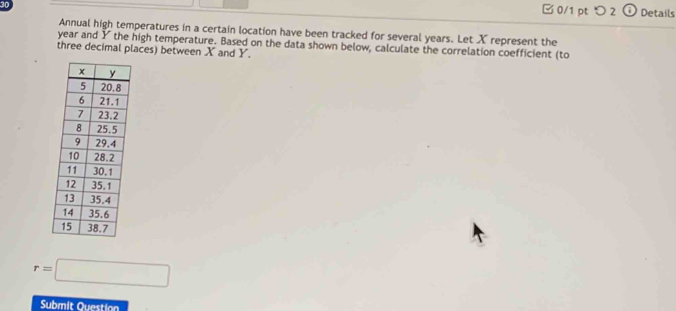 つ2 (i) Details 
Annual high temperatures in a certain location have been tracked for several years. Let X represent the
year and Y the high temperature. Based on the data shown below, calculate the correlation coefficient (to 
three decimal places) between X and Y.
r=□
Submit Question