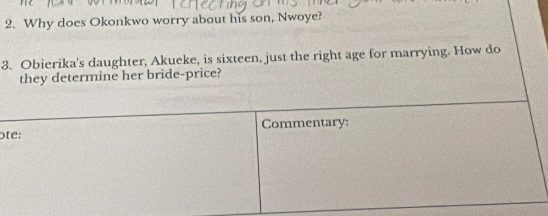 Why does Okonkwo worry about his son, Nwoye? 
3. Obierika's daughter, Akueke, is sixteen, just the right age for marrying. How do 
they determine her bride-price? 
Commentary: 
ote: