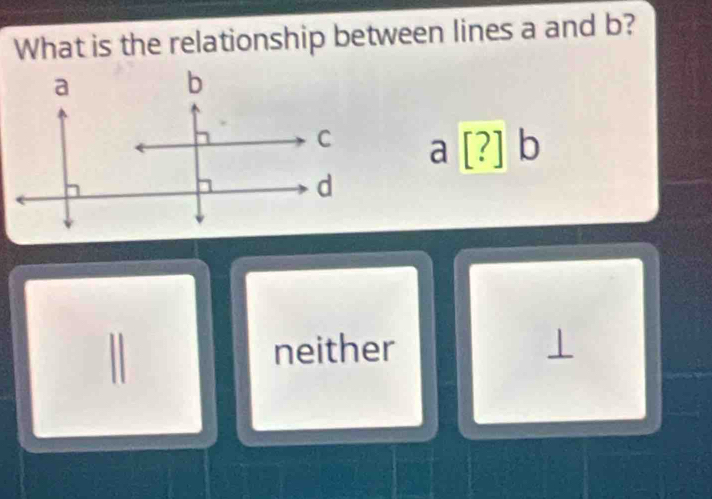 What is the relationship between lines a and b?
a [?]b
| neither ⊥