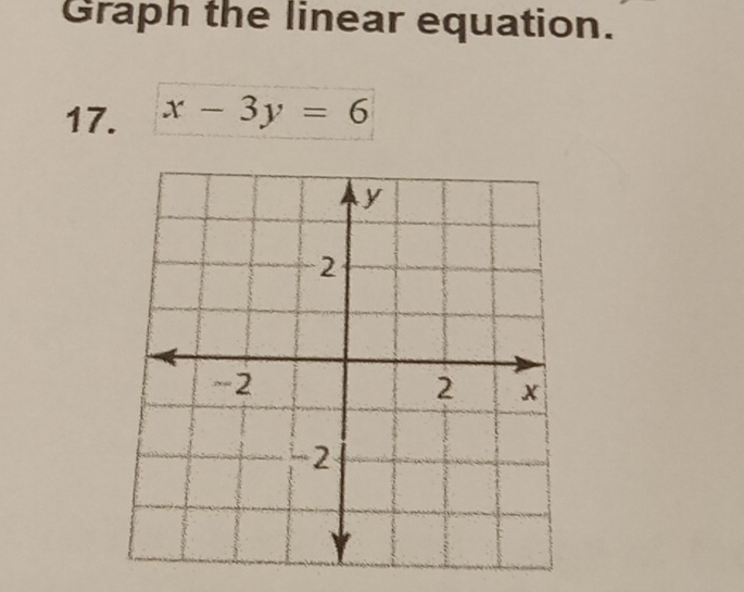 Graph the linear equation. 
17. x-3y=6