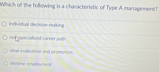 Which of the following is a characteristic of Type A management?
individual decision-making
not specialized career path
slow evaluation and promotion
lifetime employment