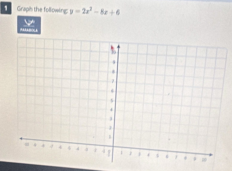 Graph the following: y=2x^2-8x+6
wh 
FARABOLA