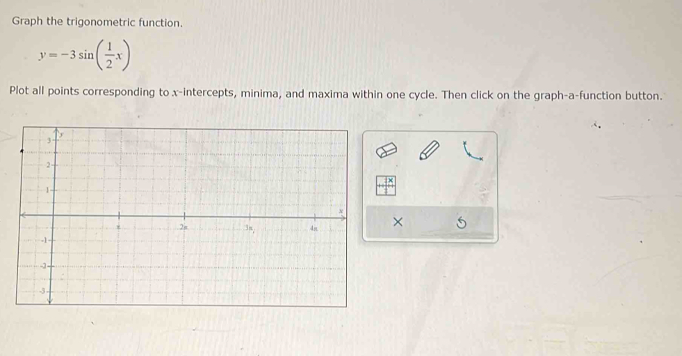 Graph the trigonometric function.
y=-3sin ( 1/2 x)
Plot all points corresponding to x-intercepts, minima, and maxima within one cycle. Then click on the graph-a-function button. 
×