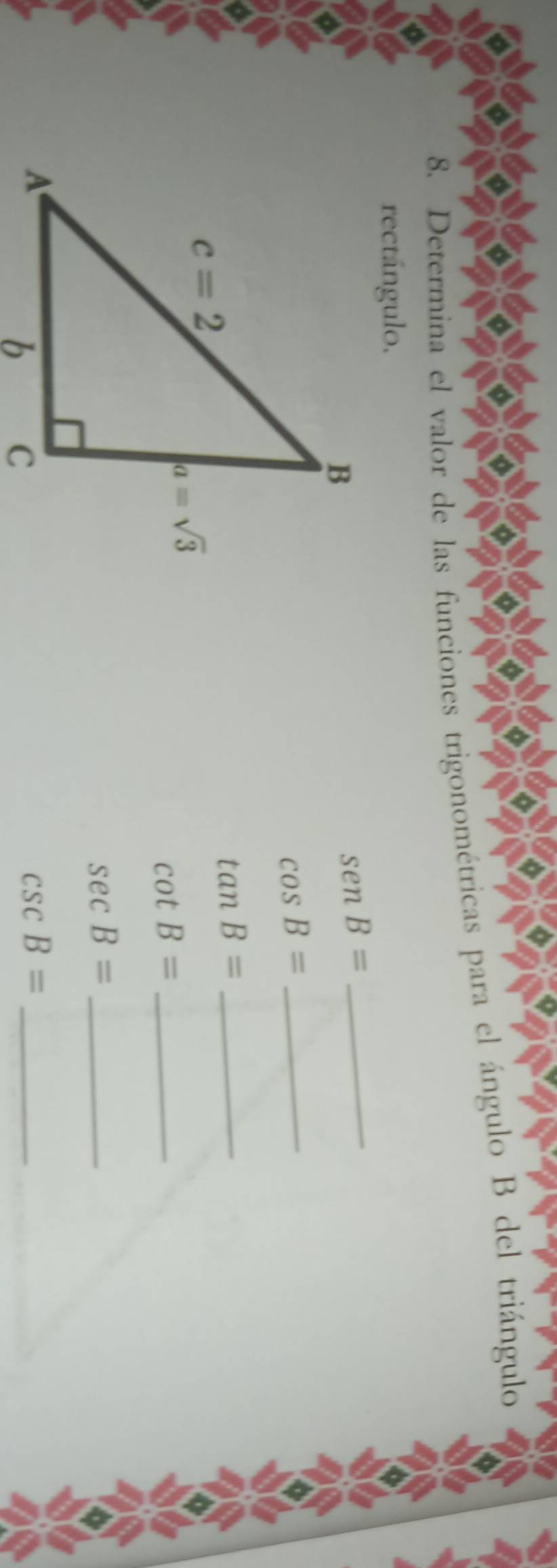 Determina el valor de las funciones trigonométricas para el ángulo B del triángulo
rectángulo.
senB= _
cos B= _
_ tan B=
cot B= _
sec B= _
csc B= _