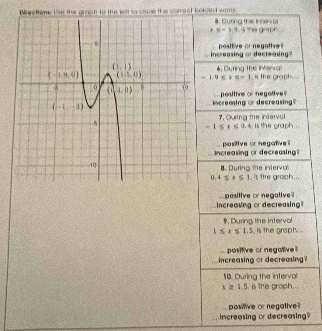 Drections the the graph to the left to circle the correct bolded word.
5. During the interval
A 8=10 , is the graph
pesitive or negative 
increasing or decreasing?
6. During the interval
=1.9≤ y≤ -1 is the graph 
, positive or negative
increasing or decreasing?
7. During the interval
-1≤ x≤ 0.4 , is the graph ..
positive or negative?
increasing or decreasing?
8. During the interval
0.4≤ x≤ 1 , is the graph...
positive or negative?
increasing or decreasing?
9. During the interval
1≤ x≤ 1 .5 , is the graph...
positive or negative
increasing or decreasing?
10. During the interval
x≥ 1.5. is the graph...
positive or negative?
increasing or decreasing?