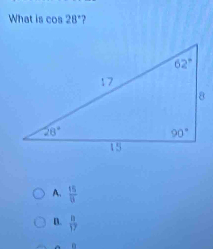 What is cos 28° 2
A.  16/8 
D.  8/17 
α