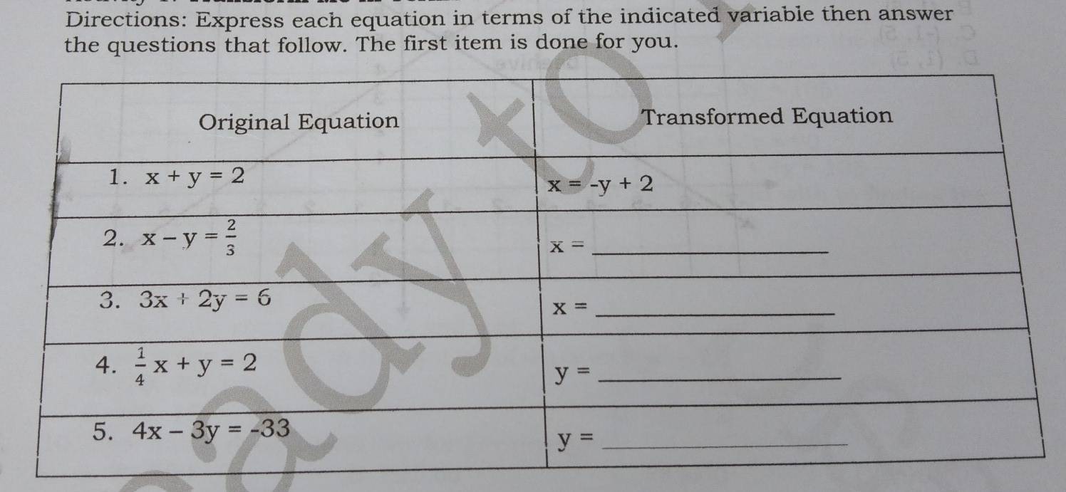 Directions: Express each equation in terms of the indicated variable then answer
the questions that follow. The first item is done for you.