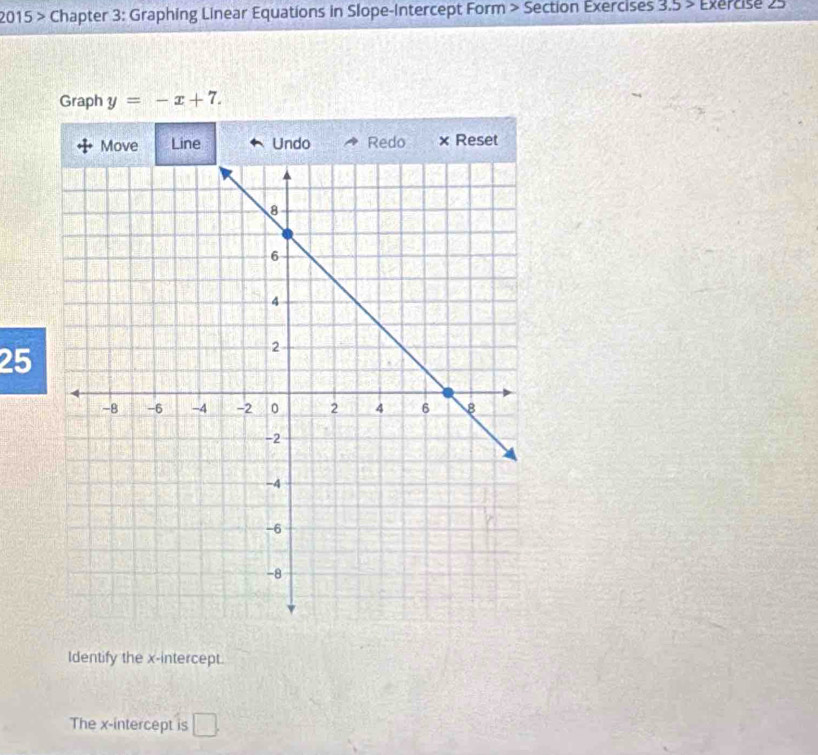 2015 > Chapter 3: Graphing Linear Equations in Slope-Intercept Form > Section Exercises 3.5 > Exercise 25 
Graph y=-x+7. 
25 
Identify the x-intercept. 
The x-intercept is □ .