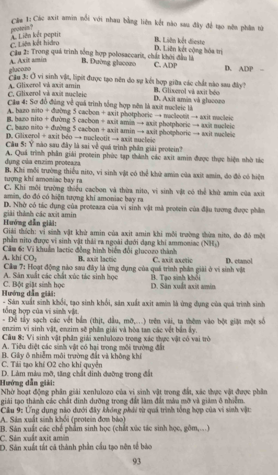 Các axit amin nổi với nhau bằng liên kết nào sau đây để tạo nên phân tứ
protein?
A. Liên kết peptit
C. Liên kết hidro
B. Liên kết dieste
D. Liên kết cộng hóa trị
Câu 2: Trong quá trình tổng hợp polosaccarit, chất khởi đầu là
A. Axit amin
B. Đường glucozo C. ADP
glucozo D. ADP -
Câu 3: Ở vi sinh vật, lipit được tạo nên do sự kết hợp giữa các chất nào sau đây?
A. Glixerol và axit amin B. Glixerol và axit béo
C. Glixerol và axit nucleic D. Axit amin và glucozo
Câu 4: Sơ đồ đúng về quá trình tổng hợp nên là axit nucleic là
A. bazo nito + đường 5 cacbon + axit photphoric → nucleotit → axit nucleic
B. bazo nito + đường 5 cacbon + axit amin → axit photphoric → axit nucleic
C. bazo nito + đường 5 cacbon + axit amin → axit photphoric → axit nucleic
D. Glixerol + axit béo → nucleotit → axit nucleic
Câu 5: Ý nào sau đây là sai về quá trình phân giải protein?
A. Quá trình phân giải protein phức tạp thành các axit amin được thực hiện nhờ tác
dụng của enzim proteaza
B. Khi môi trường thiếu nito, vi sinh vật có thể khử amin của axit amin, do đó có hiện
tượng khí amoniac bay ra
C. Khi môi trường thiếu cacbon và thừa nito, vì sinh vật có thể khử amin của axit
amin, do đó có hiện tượng khí amoniac bay ra
D. Nhờ có tác dụng của proteaza của vi sinh vật mà protein của đậu tương được phân
giải thành các axit amin
Hướng dẫn giải:
Giải thích: vỉ sinh vật khử amin của axit amin khỉ môi trường thừa nìto, do đó một
phần nito được vi sinh vật thải ra ngoài dưới dạng khí ammoniac (NH)
Câu 6: Vi khuẩn lactic đồng hình biến đổi glucozo thành
A. khí CO_2 B. axit lactic C. axit axetic D. etanol
Câu 7: Hoạt động nào sau đây là ứng dụng của quá trình phân giải ở vi sinh vật
A. Sản xuất các chất xúc tác sinh học B. Tạo sinh khối
C. Bột giặt sinh học D. Sản xuất axit amin
Hướng dẫn giải:
- Sản xuất sinh khối, tạo sinh khối, sản xuất axit amin là ứng dụng của quả trình sinh
tổng hợp của vi sinh vật.
- Để tầy sạch các vết bần (thịt, dầu, mỡ,...) trên vải, ta thêm vào bột giặt một số
enzim vi sinh vật, enzim sẽ phân giải và hòa tan các vết bản ấy.
Câu 8: Vi sinh vật phân giải xenlulozo trong xác thực vật có vai trò
A. Tiêu diệt các sinh vật có hại trong môi trường đất
B. Gây ô nhiễm môi trường đất và không khí
C. Tái tạo khí O2 cho khí quyền
D. Làm màu mỡ, tăng chất dinh dưỡng trong đất
Hướng dẫn giải:
Nhờ hoạt động phân giải xenlulozo của vi sinh vật trong đất, xác thực vật được phân
giải tạo thành các chất dinh dưỡng trong đất làm đất màu mỡ và giảm ô nhiểm.
Câu 9: Ứng dụng nào dưới đây không phải từ quá trình tổng hợp của vi sinh vật:
A. Sản xuất sinh khối (protein đơn bào)
B. Sản xuất các chế phẩm sinh học (chất xúc tác sinh học, gôm,..)
C. Sản xuất axit amin
D. Sản xuất tất cả thành phần cấu tạo nên tể bào
93